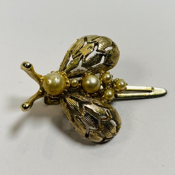 60s/70s Pearl And Gold Tone Metal Bee Hair Pin - Picture 7 of 9